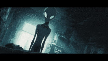 a cartoon drawing of an alien standing over a man laying in bed