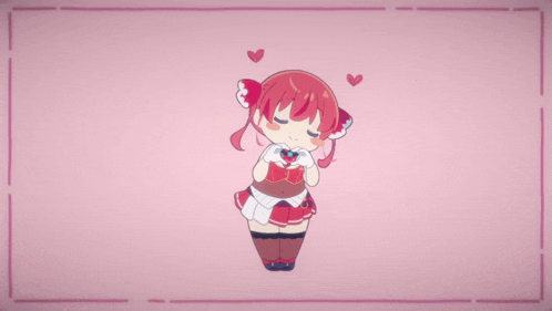 a girl with red hair is holding a heart in her hand on a pink background