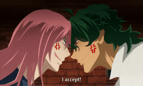 a man with green hair and a woman with pink hair are looking at each other and the man says " i accept "