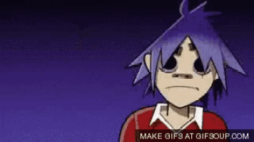 a cartoon character with purple hair is standing in front of a blue background .