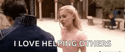 a man and a woman are standing next to each other and the woman is saying `` i love helping others ''