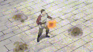a man is standing on a brick floor holding a torch .