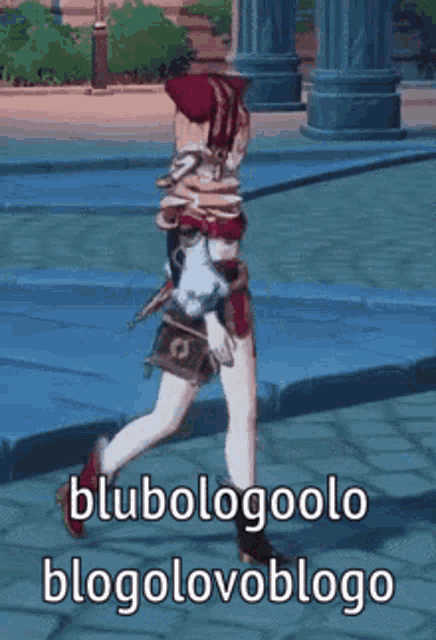 a girl in a red hat is walking down a sidewalk in a video game with a sword .