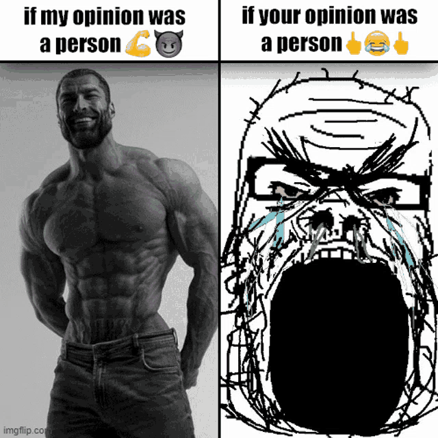 a picture of a muscular man next to a picture of a crying cartoon character