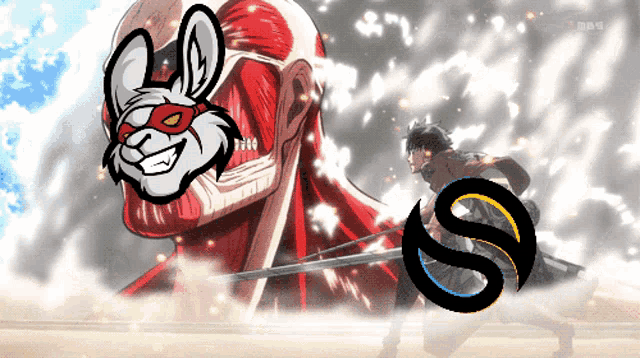 a cartoon of a rabbit and a man with a sword with the letter s on it