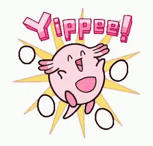 a cartoon of a pink axolotl with the words `` yippee ! ''