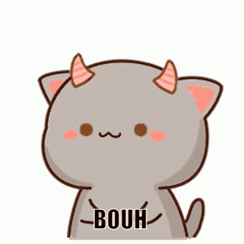 a cartoon cat with horns and the word bouh written below it