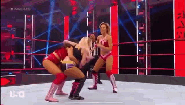 a group of women wrestling in a wrestling ring .