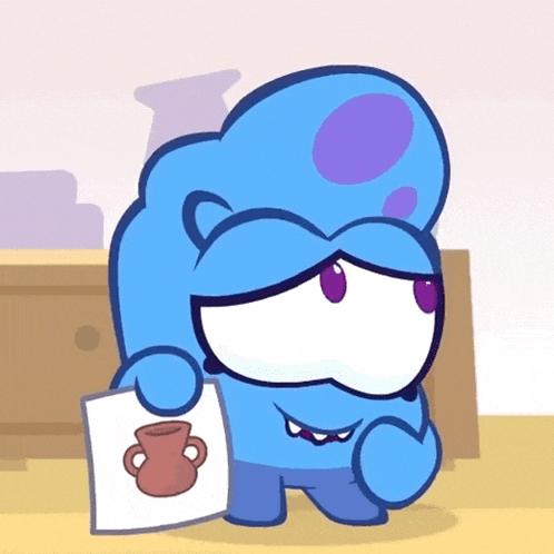 a blue cartoon character holding a piece of paper with a picture of a vase on it