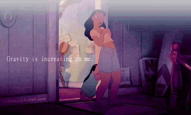 a cartoon of a woman standing in a doorway with the words gravity is increasing on me below her