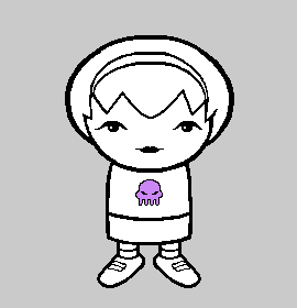 a pixel art drawing of a girl with a purple jellyfish on her shirt