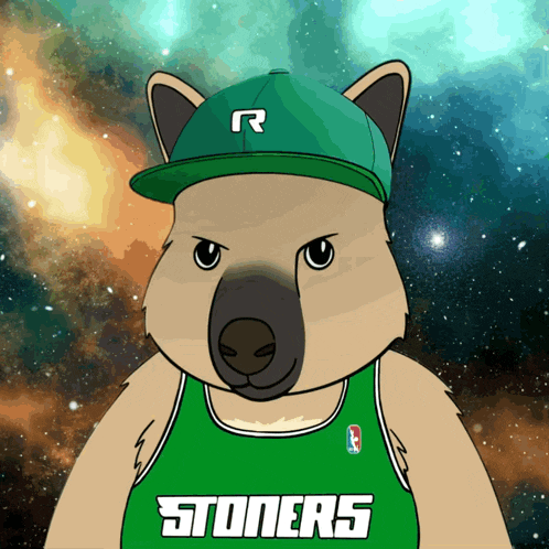 a cartoon bear wearing a green stoner 's shirt