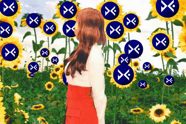 a woman in a red skirt stands in a field of sunflowers surrounded by blue circles with the letter x on them