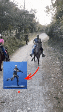 a man riding a horse on a dirt road next to a picture of a skeleton with a gun
