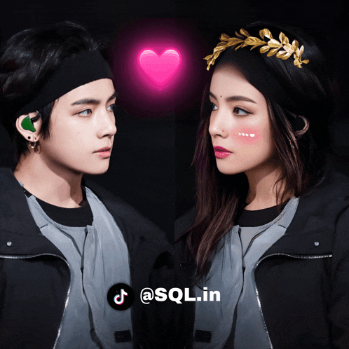 a man and a woman are standing next to each other with a pink heart in the background and the hashtag @sql.in