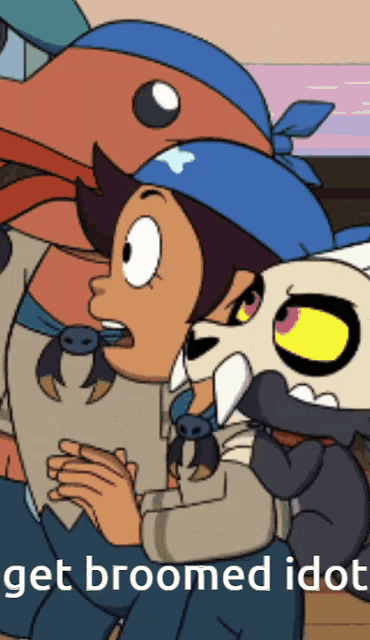 a cartoon of a girl and a monster with the words get broomed idiot below them