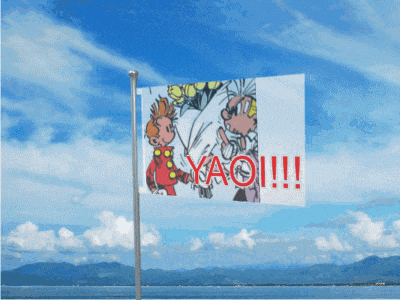 a flag with a picture of two cartoon characters and the word yao written in red
