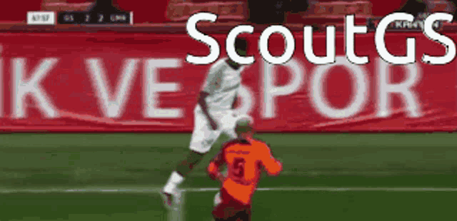 two soccer players on a field with scoutgs written on the bottom