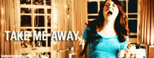 a woman in a blue shirt is screaming with the words take me away written above her