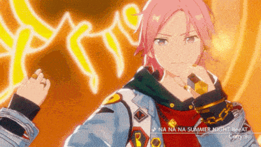 a video game character with pink hair singing a song called na na na summer night beat
