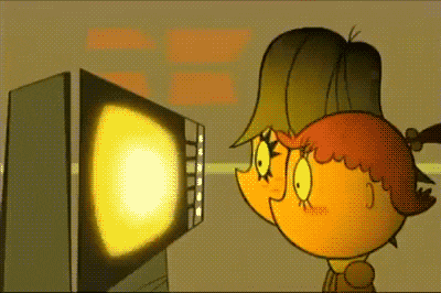 a couple of cartoon characters are looking at a television screen