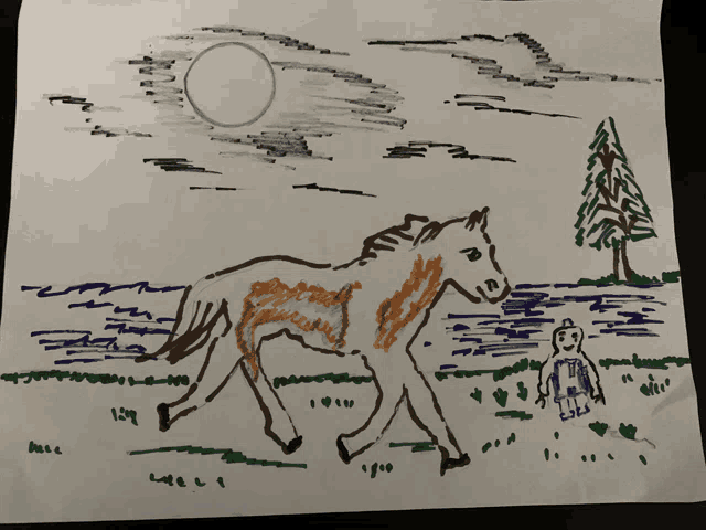 a child 's drawing of a horse and a girl in a field with a tree