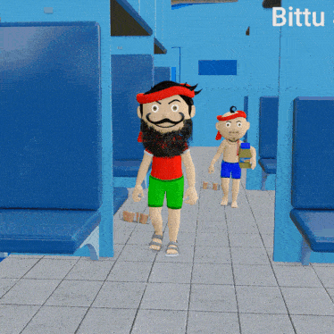 a cartoon character with a beard and a red headband is standing in a locker room with the name bittu on the wall