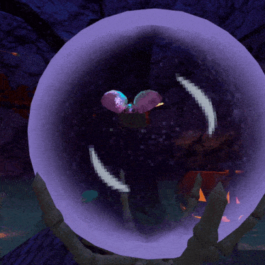 a skeleton hand holding a purple sphere with a purple flower inside