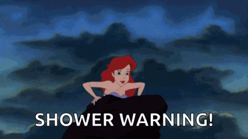 a cartoon of a mermaid sitting on a rock with the words shower warning written below her