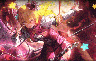 a girl in a pink dress is holding a sword and a microphone .