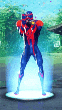 a man in a blue and red superhero costume is standing on a podium