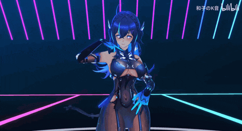 a girl in a futuristic outfit is laying down with the word bilibili in the bottom right corner