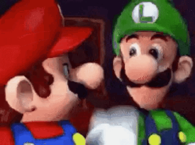 mario and luigi are standing next to each other and looking at each other .