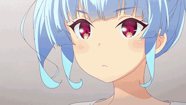a girl with blue hair and red eyes is looking at the camera