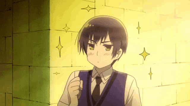 a boy in a suit and tie is standing in front of a brick wall with stars on it