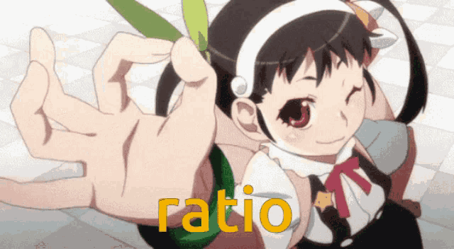 a picture of a girl with the word ratio written in yellow