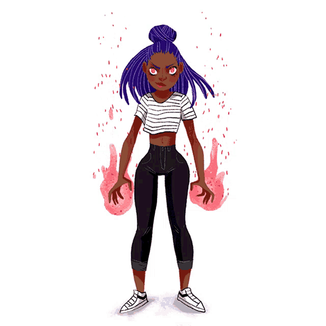 a cartoon drawing of a girl with purple hair and a bun