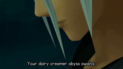 a close up of a video game character with the words " your dairy creamer abyss awaits "