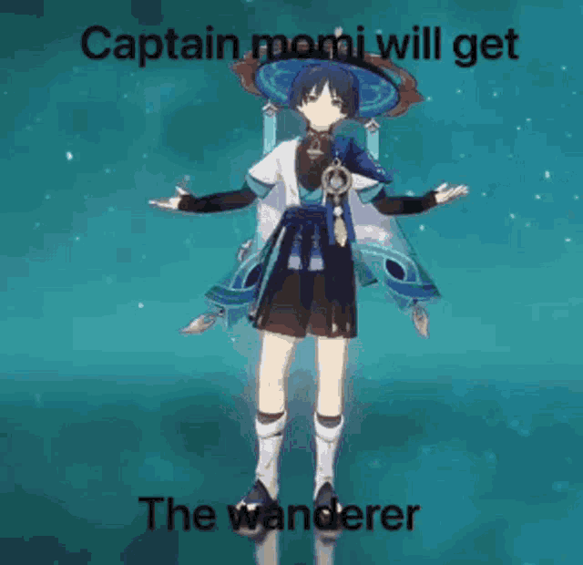 a cartoon character is standing in front of a blue background with the words `` captain momi will get the wanderer '' on it .