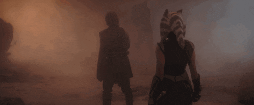 a man and a woman are standing in a foggy field .