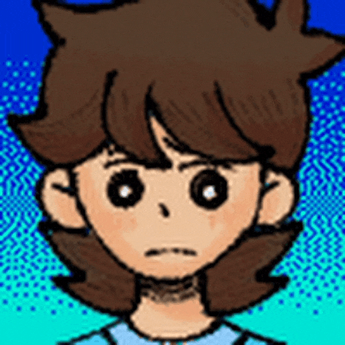 a cartoon drawing of a boy with brown hair and big eyes