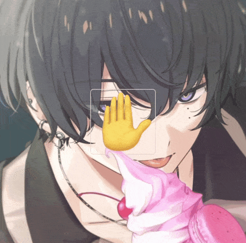 a close up of a person with a yellow hand on their face