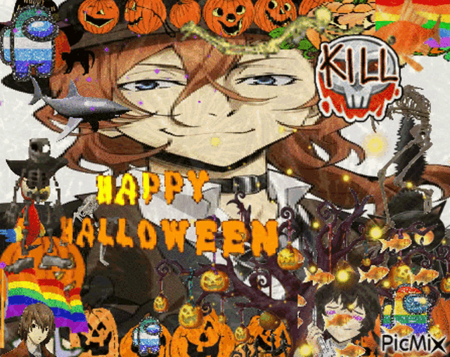 a picture of a man with pumpkins and the words happy halloween on it