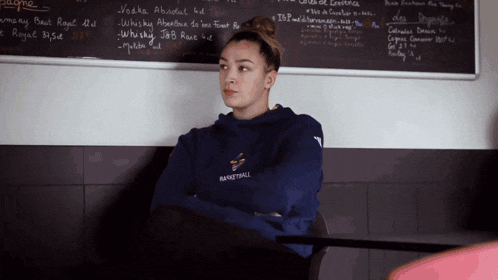 a woman wearing a sweatshirt that says basketball sits in front of a chalkboard