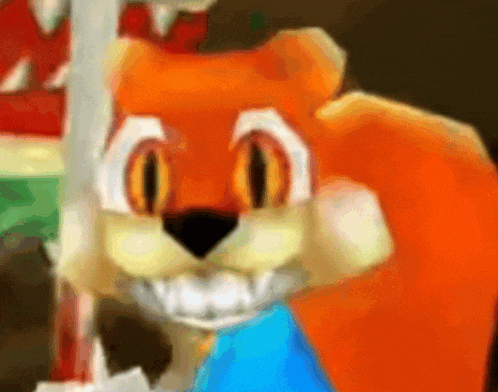 a close up of a cartoon squirrel with a blue scarf around its neck