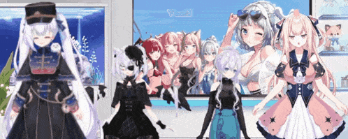 a group of anime girls are standing in front of a screen that says " vanilla " on it