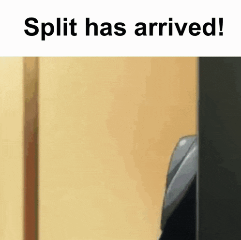 a picture of a person standing next to a wall with the words split has arrived