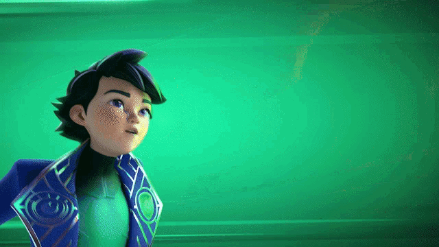 a cartoon character in a blue and green outfit
