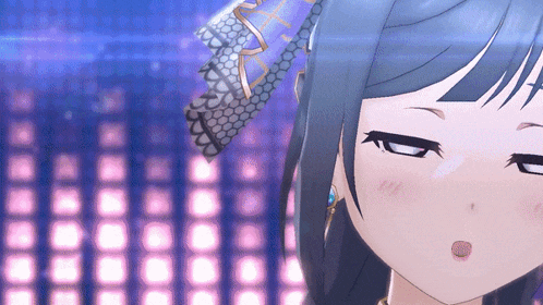a close up of a girl 's face with a purple ribbon in her hair