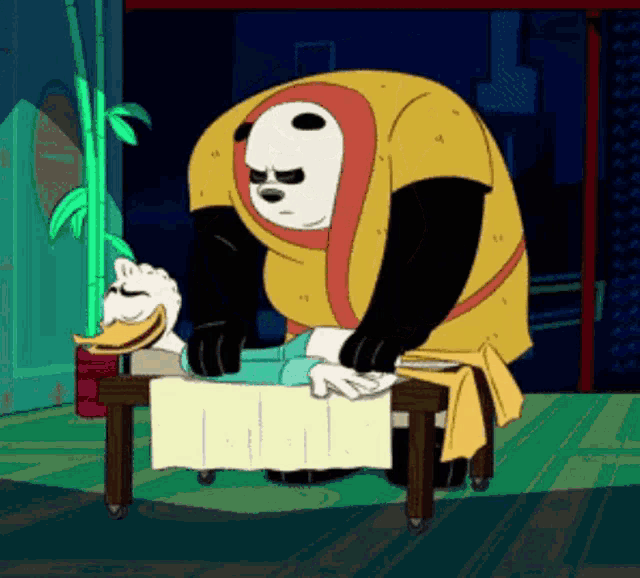 a cartoon of a panda and a duck getting a massage